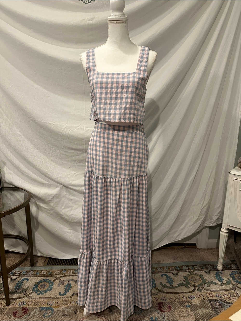 Buddy Love Pink and Gray Gingham Maxi Skirt Set - Picture 1 of 9